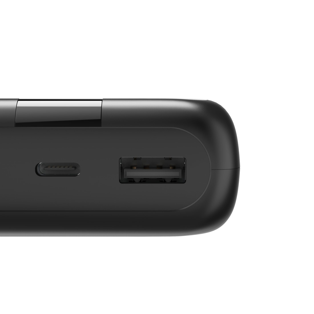 Eine schwarze Powerbank mit USB- und USB-C-Anschluss.
