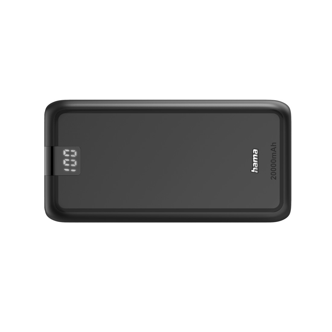 Schwarze Powerbank mit digitaler Anzeige, die 100 % anzeigt, und dem Markennamen Hama.
