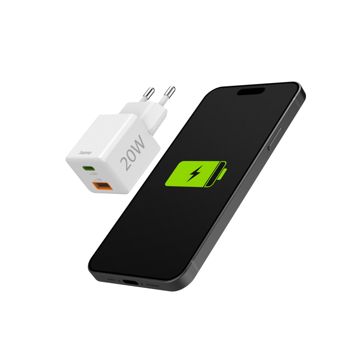Weißes 20-W-Ladegerät neben einem ladenden Telefon. Das Telefon hat ein grünes Batteriesymbol.
