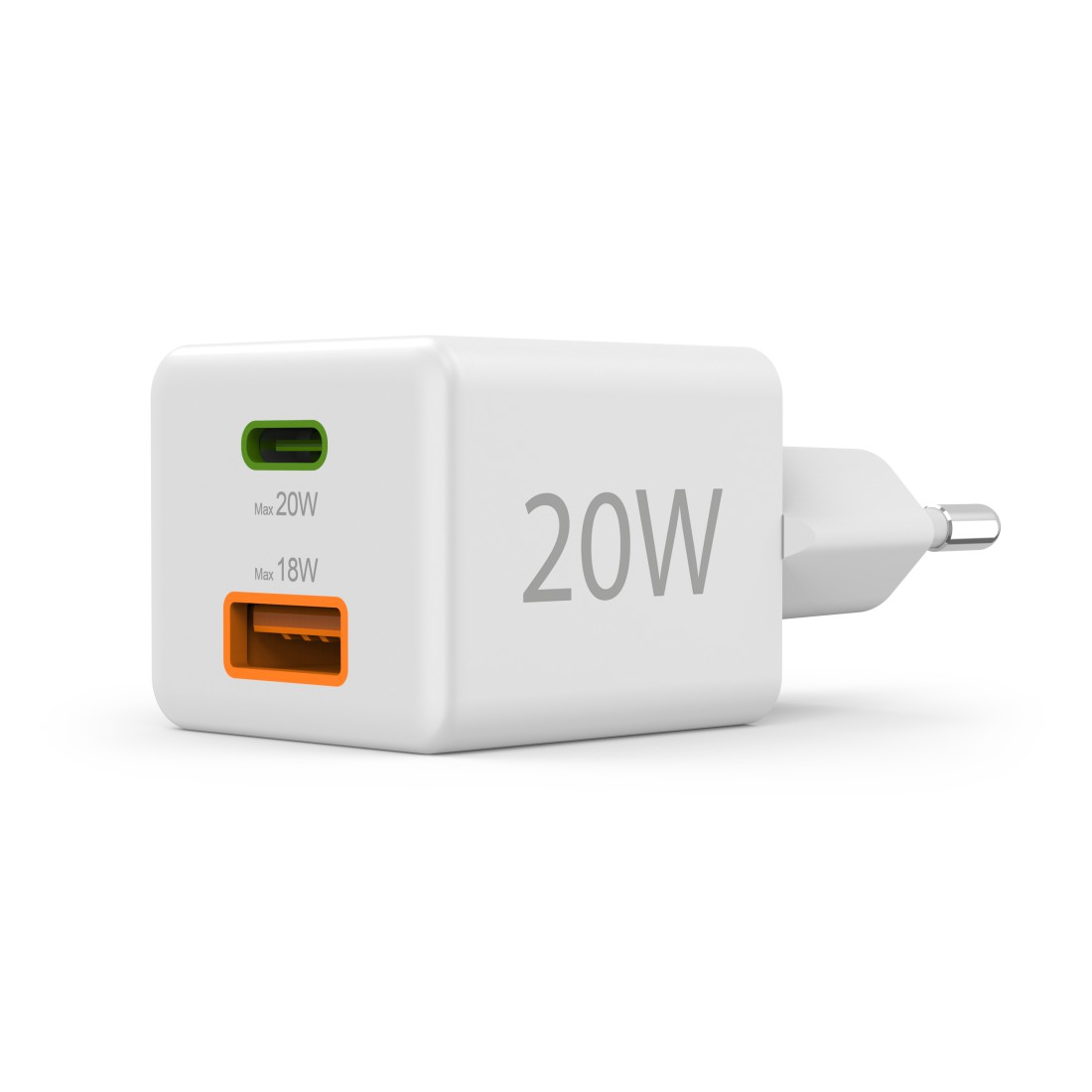 Ein weißes 20W-Ladegerät mit zwei Anschlüssen. Einer ist grün und mit 20W markiert, der andere orange und 18W.