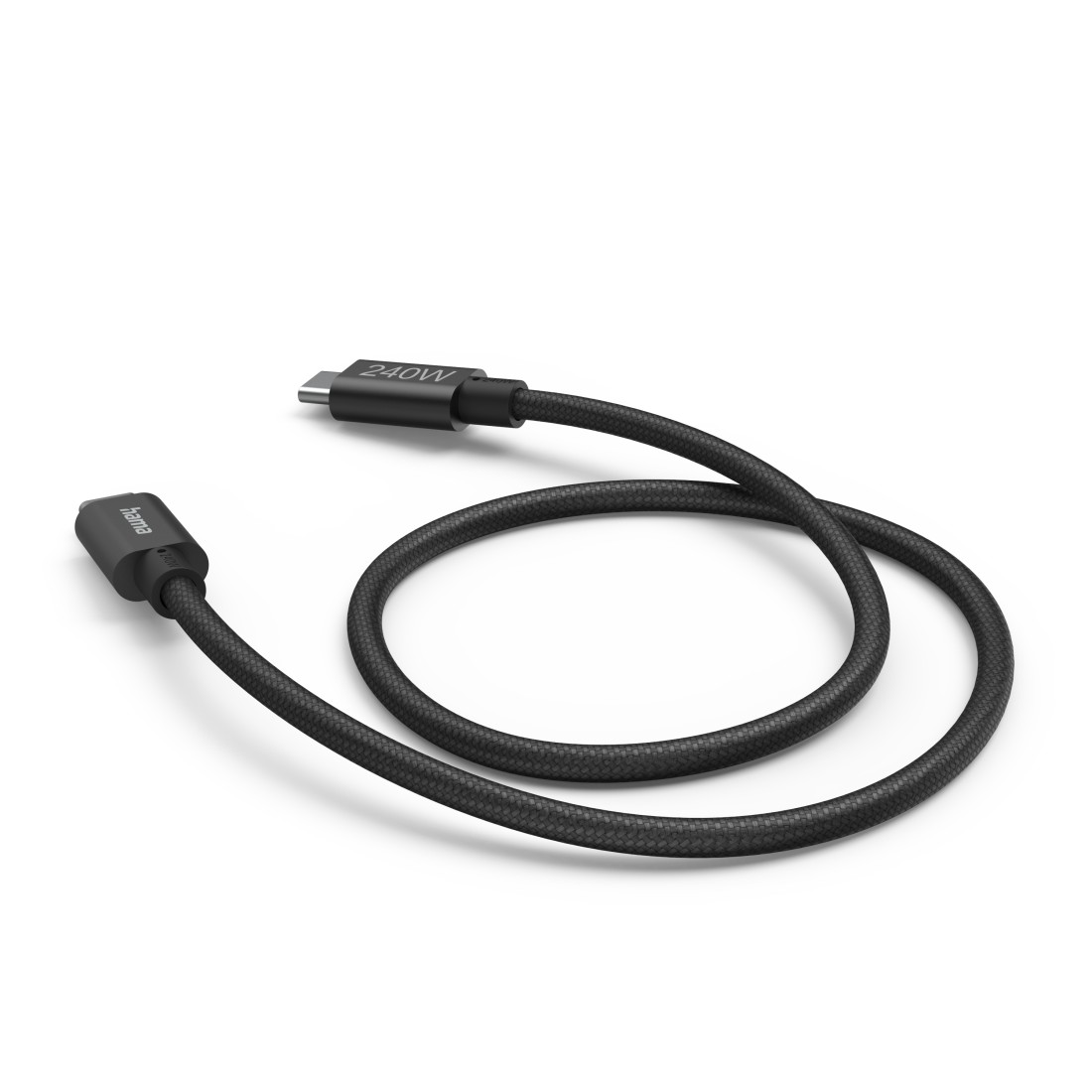 Schwarzes USB-C-Kabel, 240 W, auf weißer Oberfläche aufgerollt.