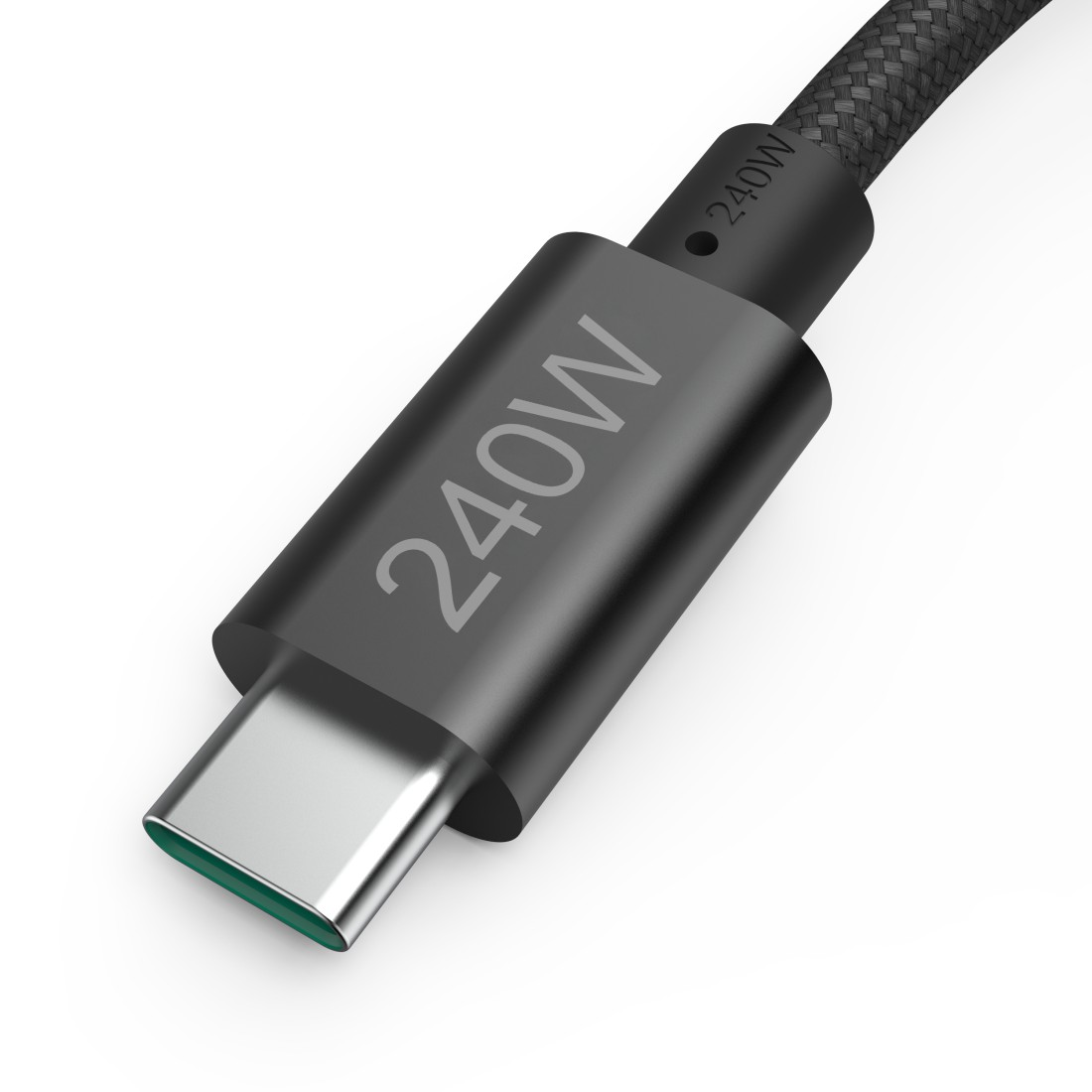 Schwarzes USB-C-Ladekabel mit '240W' Aufdruck. Grüner Stecker.