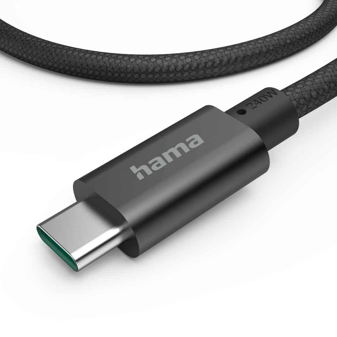 Schwarzes USB-C-Kabel mit 'hama' auf grauem Stecker, weißer Hintergrund.