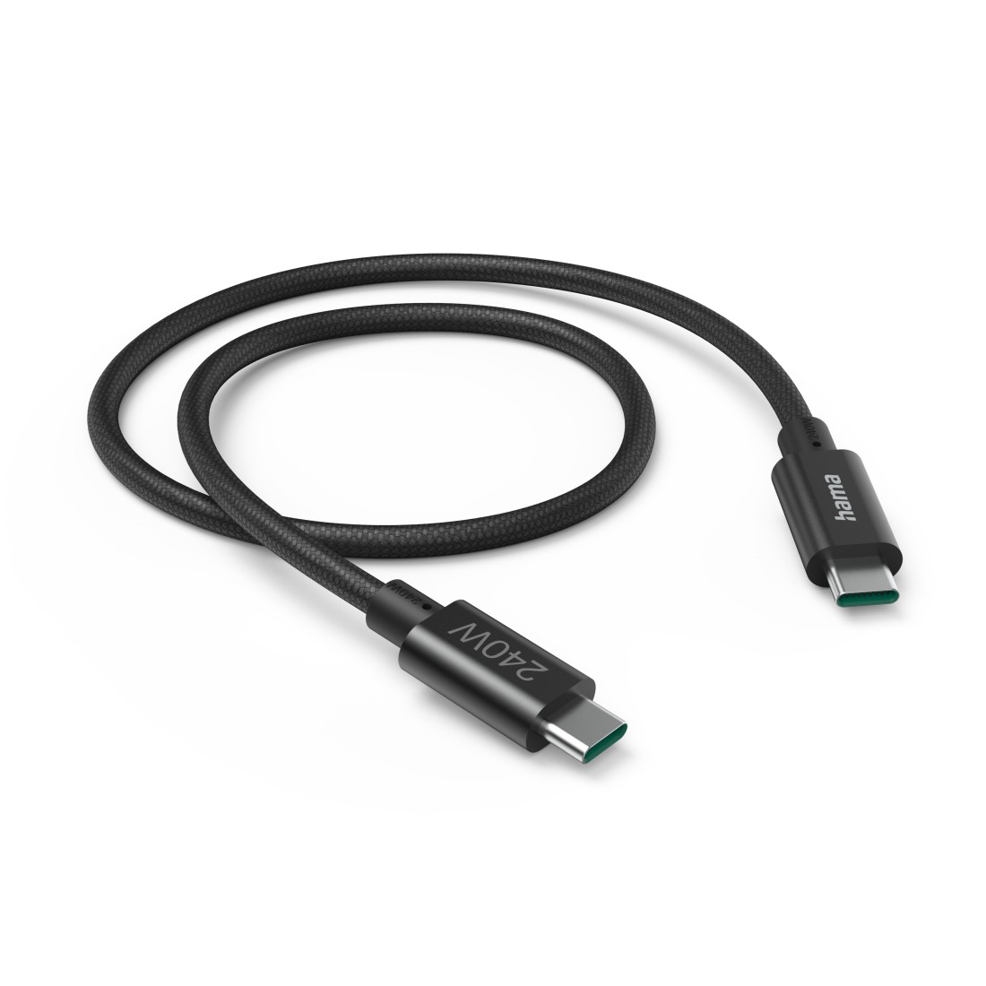 Ein schwarzes USB-C-Kabel mit USB-C-Anschlüssen an beiden Enden. Auf dem Kabel steht '240W'.