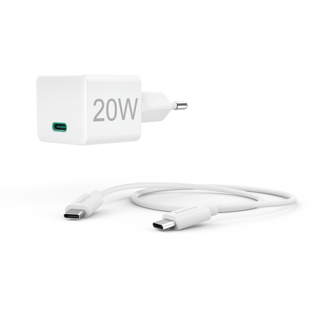 Weißes Hama Ladegerät und Kabel, 20W, auf weißem Hintergrund.