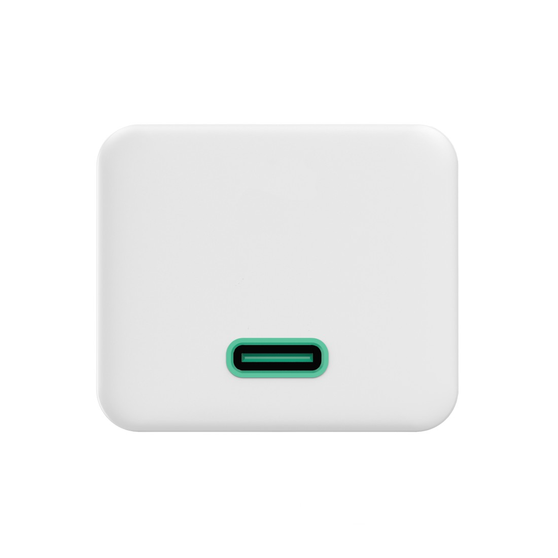 Weißer quadratischer Netzadapter mit einem USB-C-Anschluss.