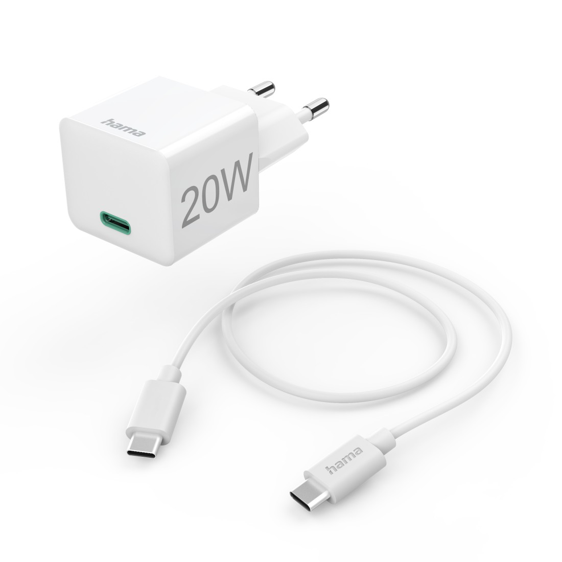 Ein weißes Hama 20W Ladegerät und ein USB-C-Kabel auf weißem Untergrund.
