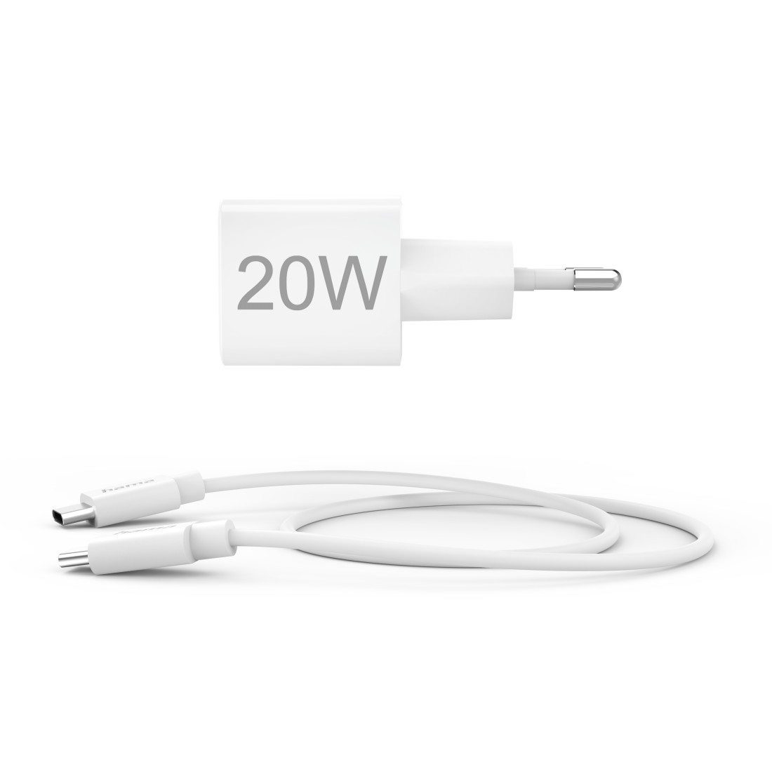 Weißes 20W-Telefonladegerät mit weißem Kabel, isoliert auf weißem Hintergrund.