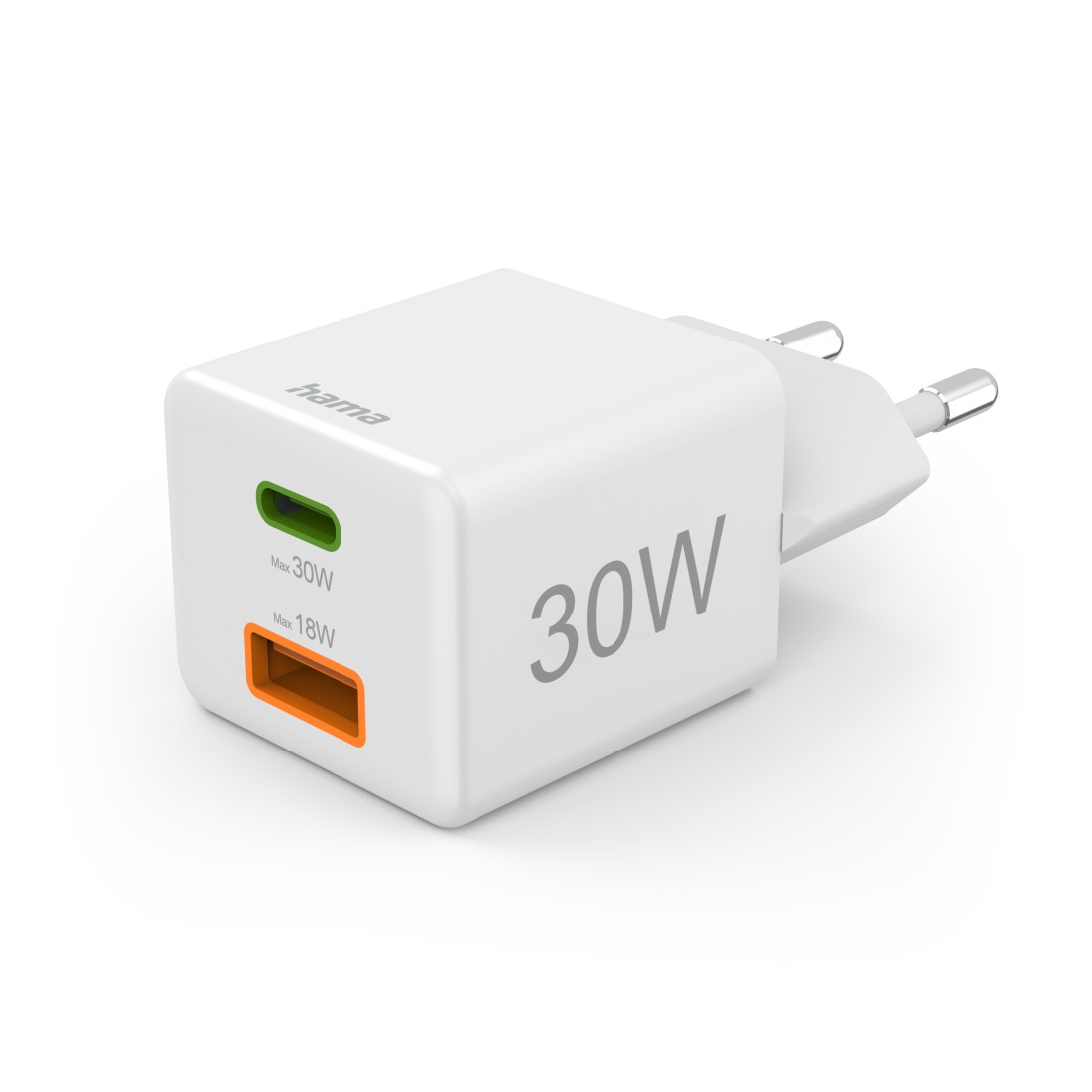 Weißes 30W Ladegerät mit USB-C- und USB-A-Anschlüssen, schwarzem Text und Stecker.