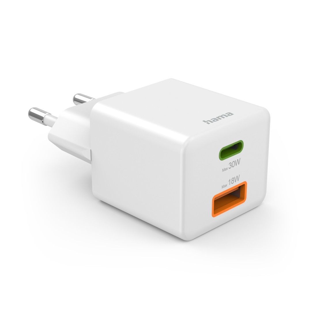Weißes Hama-Ladegerät mit zwei Ausgängen: USB-C (30W, grün) und USB-A (18W, orange).