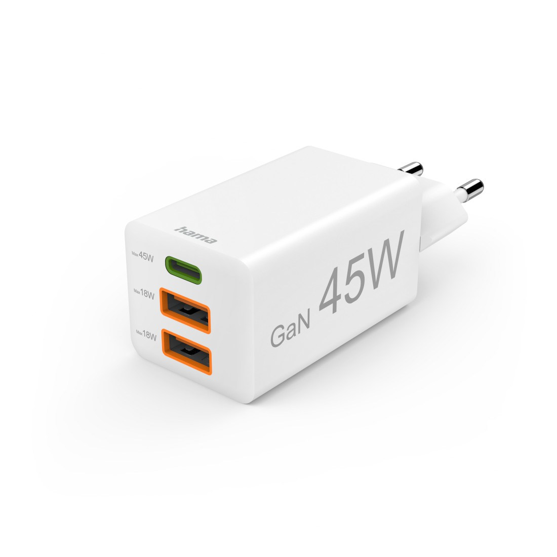 Weißes Hama GaN 45W Ladegerät mit zwei USB-Anschlüssen, orange und grün.