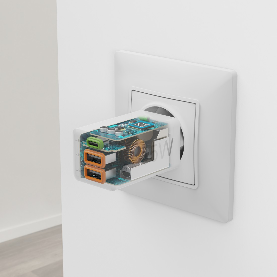 Schnittansicht eines weißen Netzadapters, der in eine Steckdose gesteckt ist, mit Blick auf die internen Komponenten.
