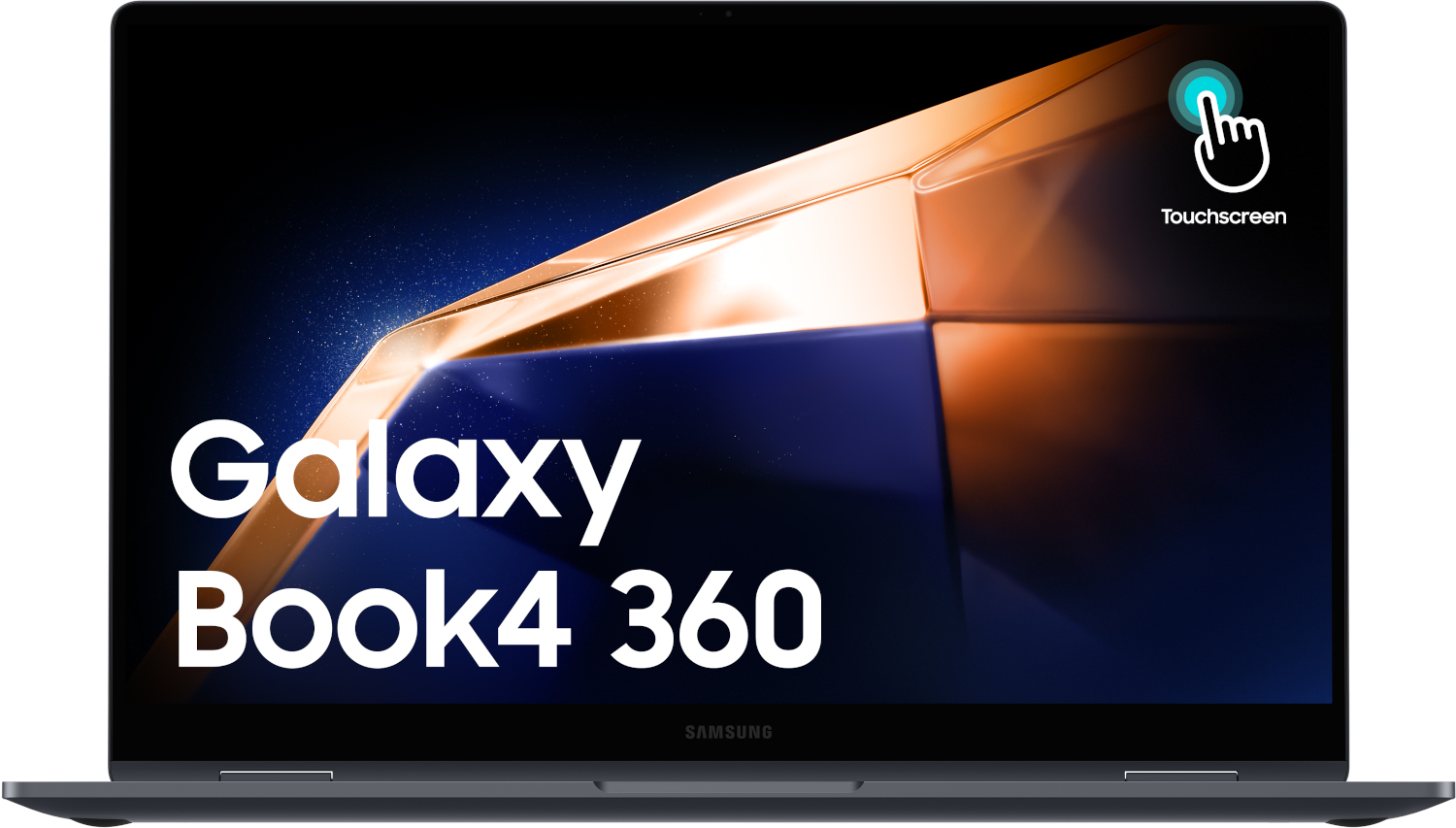 Samsung Galaxy Book4 360 laptop. Touchscreen text and a hand icon are visible.