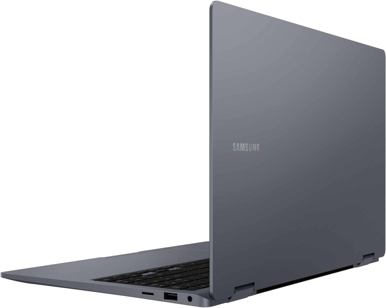 Silver laptop with the Samsung logo on the back, partly open, on a white background.