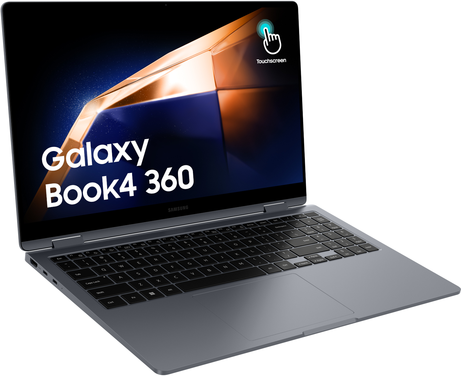 Gray Samsung Galaxy Book4 360 laptop, screen displaying a graphic, and keyboard.