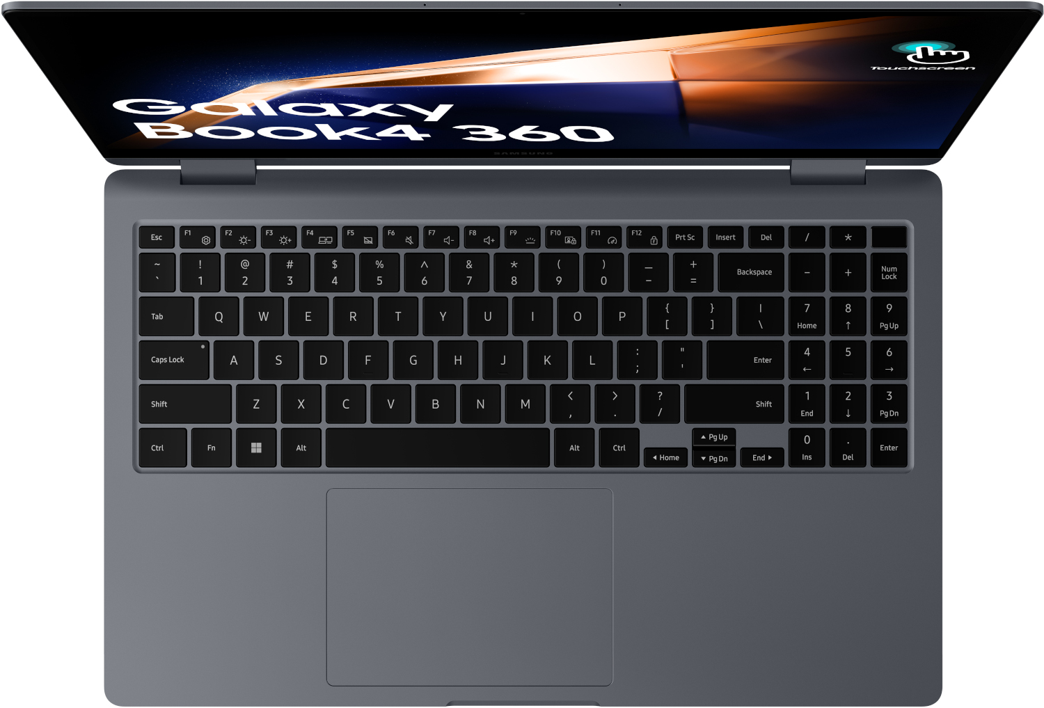 An open Samsung Galaxy Book4 360 laptop, showing keyboard and screen. The laptop is grey.