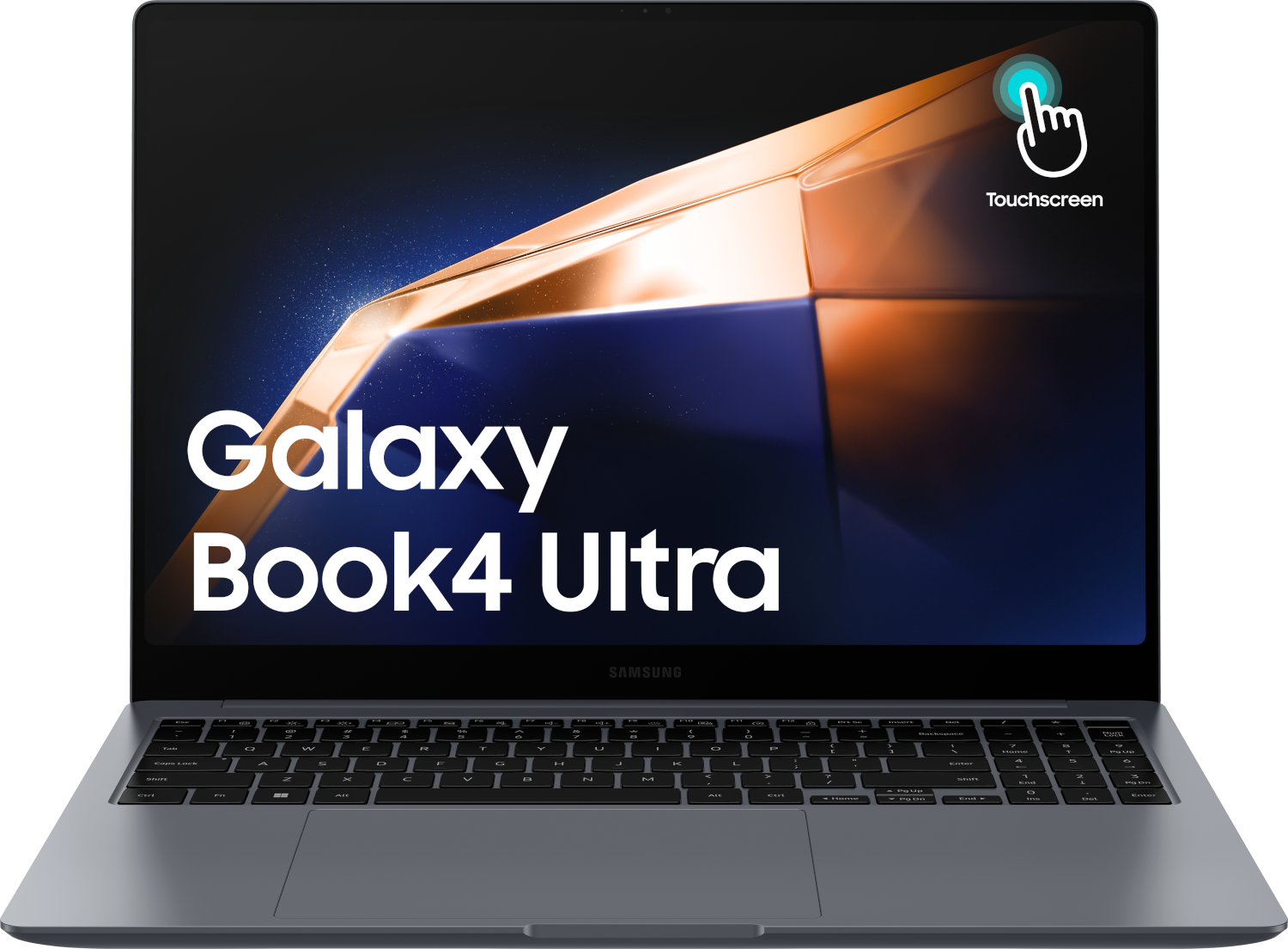 Ordinateur portable Samsung Galaxy Book4 Ultra. Ouvert, cadre noir, clavier, étiquette tactile, écran bleu.