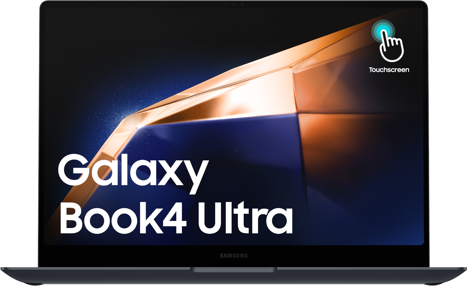 Ordinateur portable Samsung Galaxy Book4 Ultra. L'écran affiche 'Galaxy Book4 Ultra' avec icône tactile.