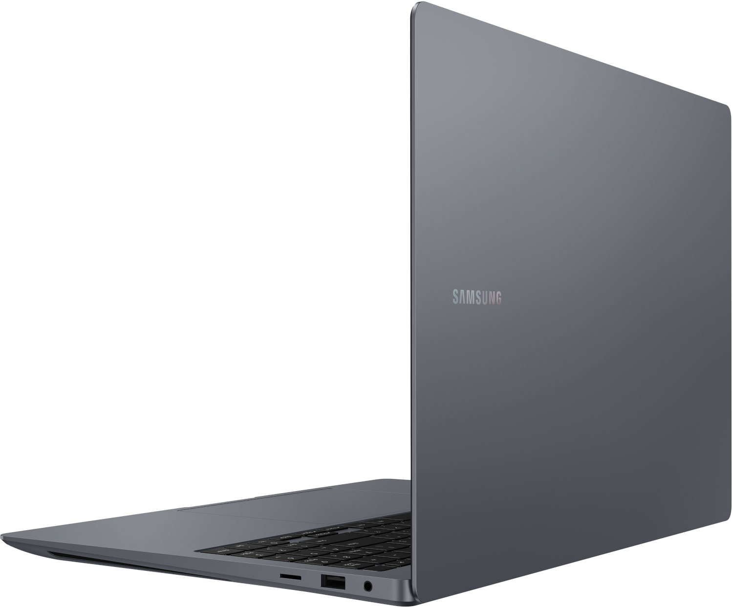 Un ordinateur portable Samsung gris vu de dos. L'écran est fermé. Le logo Samsung est visible.