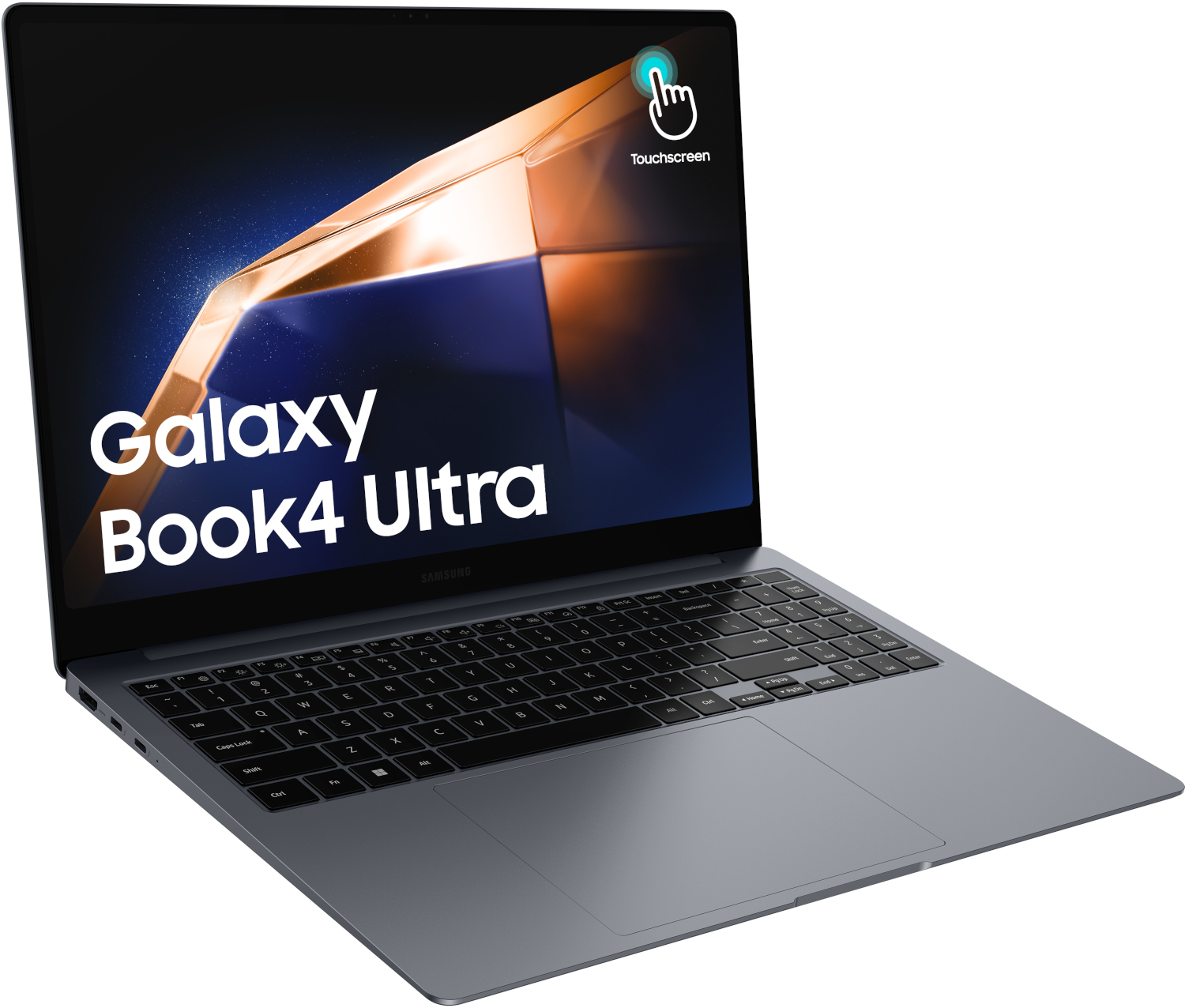 Un ordinateur portable Samsung Galaxy Book4 Ultra, vue en angle, avec le mot 'Touchscreen' sur l'écran.