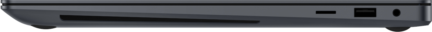 Vue latérale d'un ordinateur portable gris montrant les ports : USB et prise audio. L'ordinateur portable est sur une surface plane.