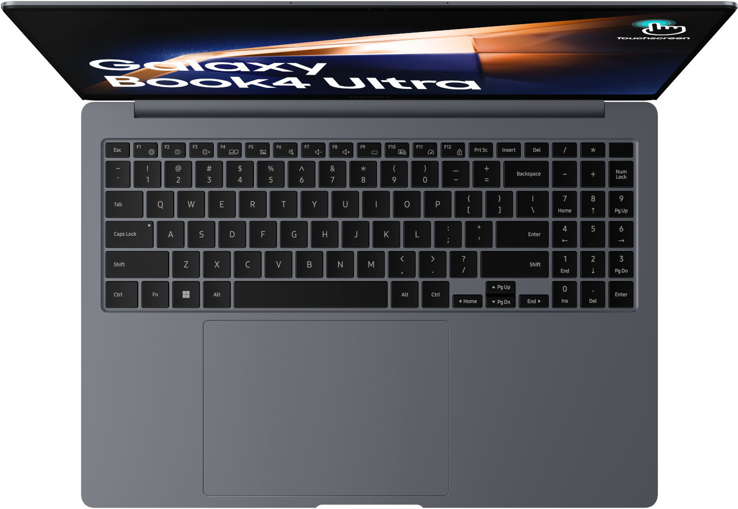 Ordinateur portable, vue de dessus, ouvert. Clavier et pavé tactile noirs. L'écran affiche une image colorée.