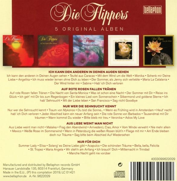 CD-Cover von 'Die Flippers'. Es hat mehrere Albumcover und Text mit Songtiteln und einem Logo.