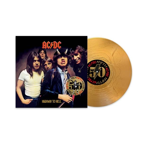 AC/DC "Highway to Hell" Albumcover. Zeigt die Band und eine goldene Vinyl-Schallplatte.