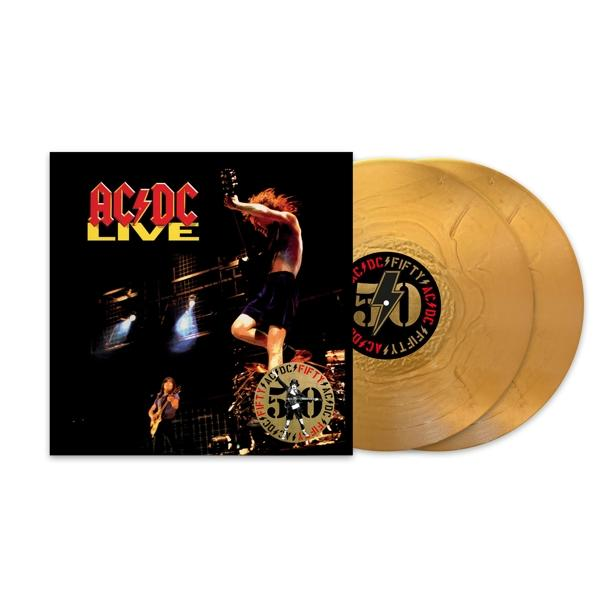 Goldene AC/DC-Vinylplatte mit Live-Performance-Cover.