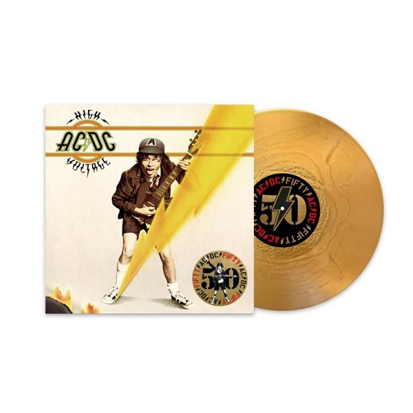 AC/DC Albumcover, Mann mit Gitarre vor gelbem Blitz.