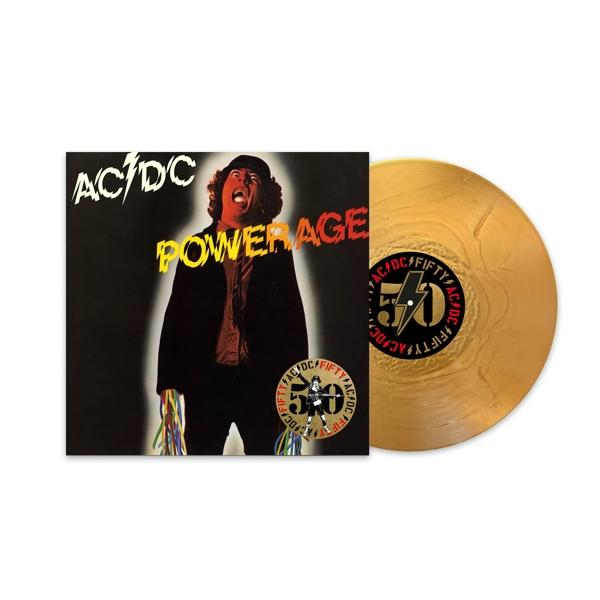 AC/DC 'Powerage'-Albumcover. Mann schreit, hält bunte Bänder. Goldene Schallplatte rechts.