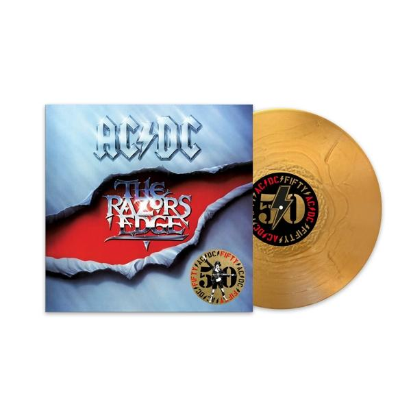 AC/DC 'The Razors Edge' Albumcover. Zerrissenes Papier zeigt roten Hintergrund und goldenes Vinyl.