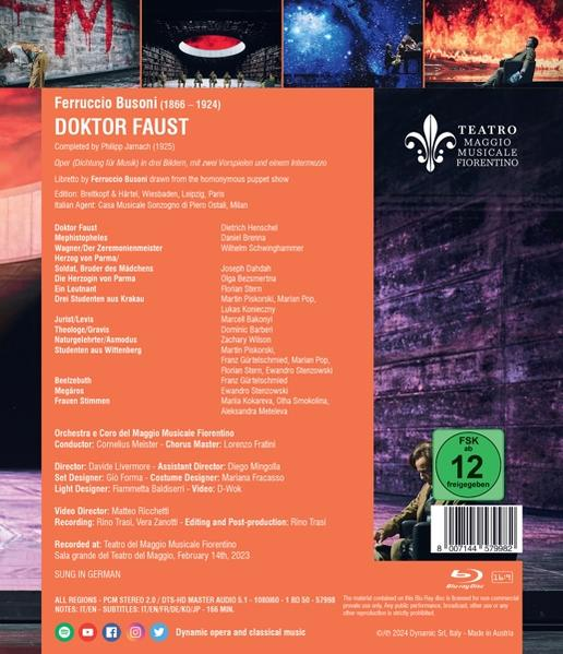 Rückseite einer DVD-Hülle mit Details zur Oper 'Doktor Faust' mit Produktionsdetails und Informationen.