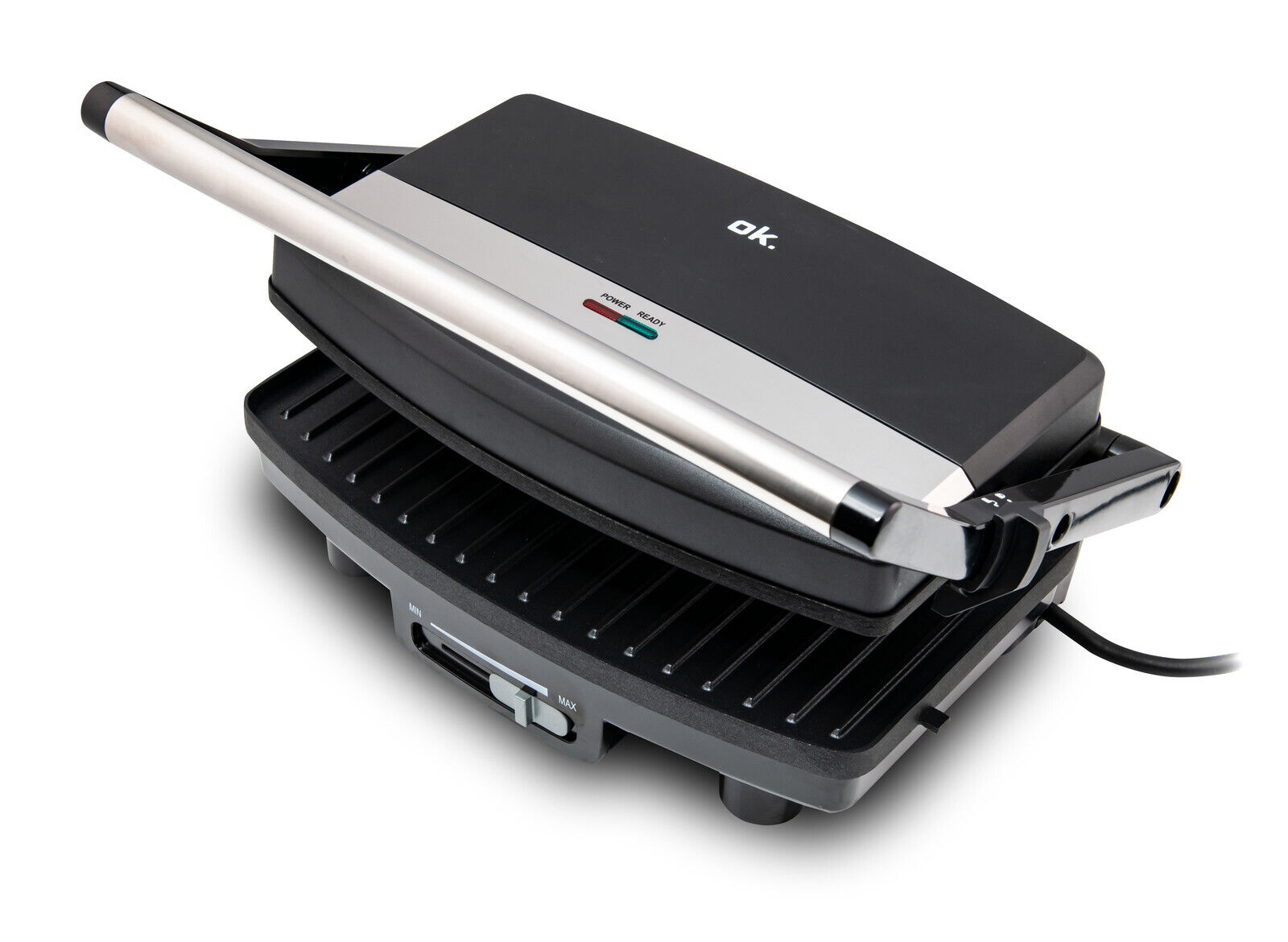 Grill elettrico nero e argento, aperto, su una superficie bianca.