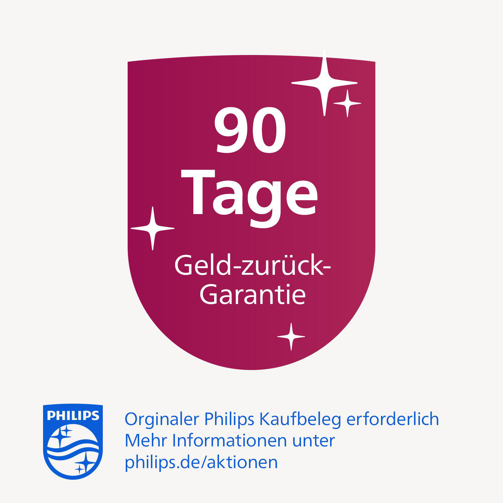 Ein Philips 90-Tage-Geld-zurück-Garantie-Aufkleber mit Text und Markenlogo.
