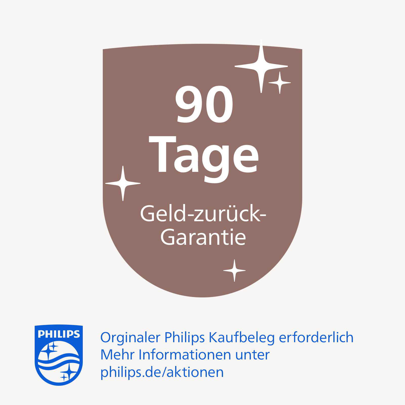 Ovale Plakette mit Text, '90 Tage Geld-zurück-Garantie'. Philips-Logo unten.