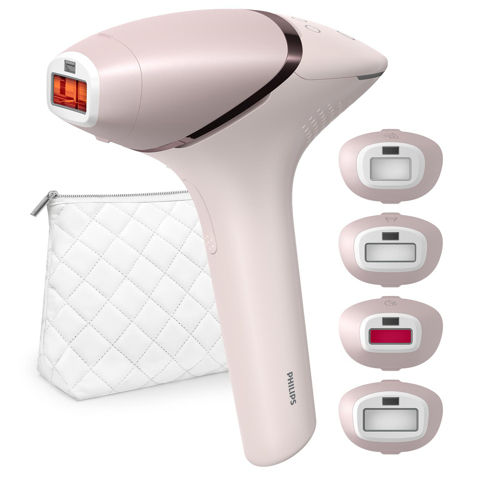 Rosa Philips Lumea Gerät mit Zubehör und einer weißen Tasche. Gerät zur Haarentfernung.