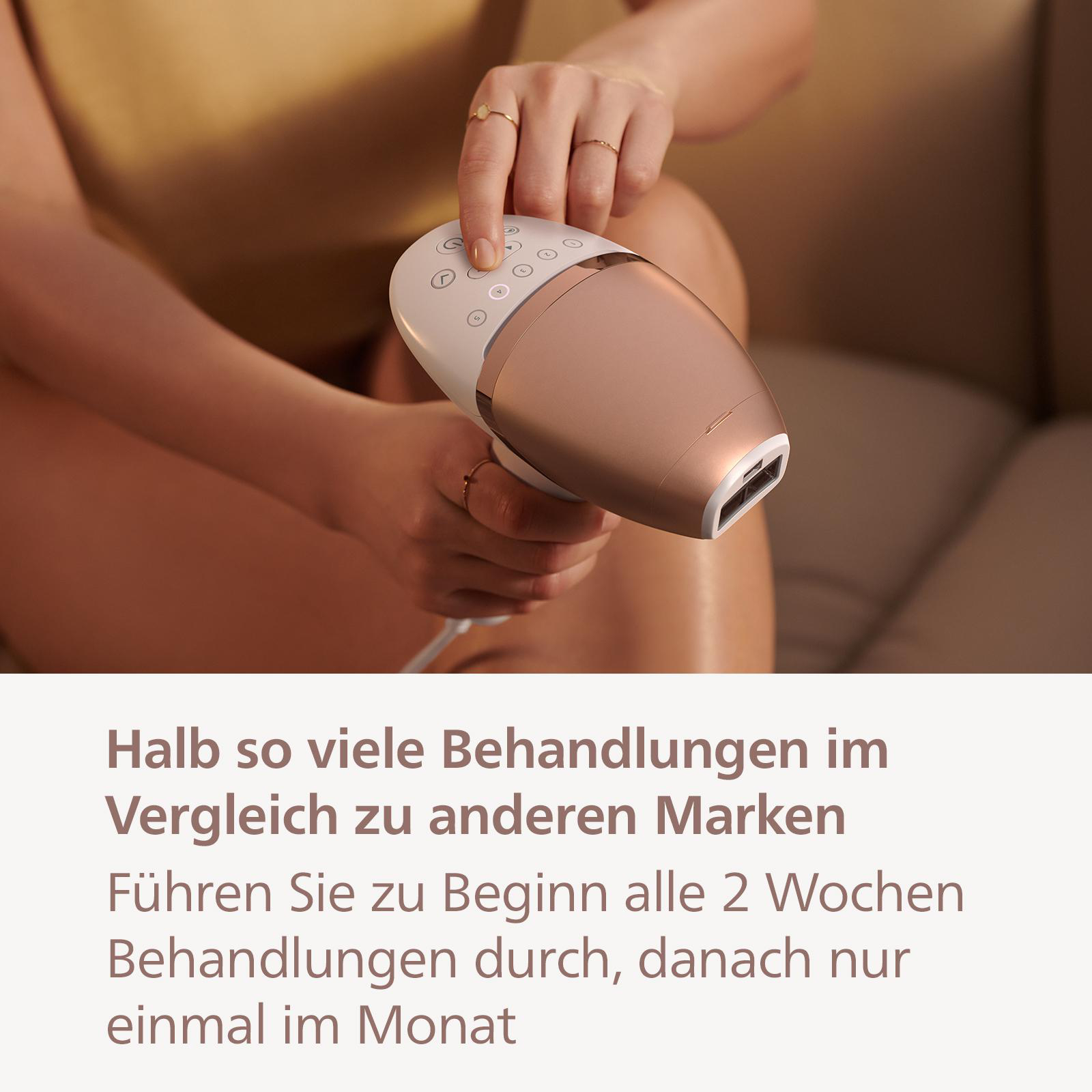 Ein Haarentfernungsgerät. Text besagt weniger Behandlungen.