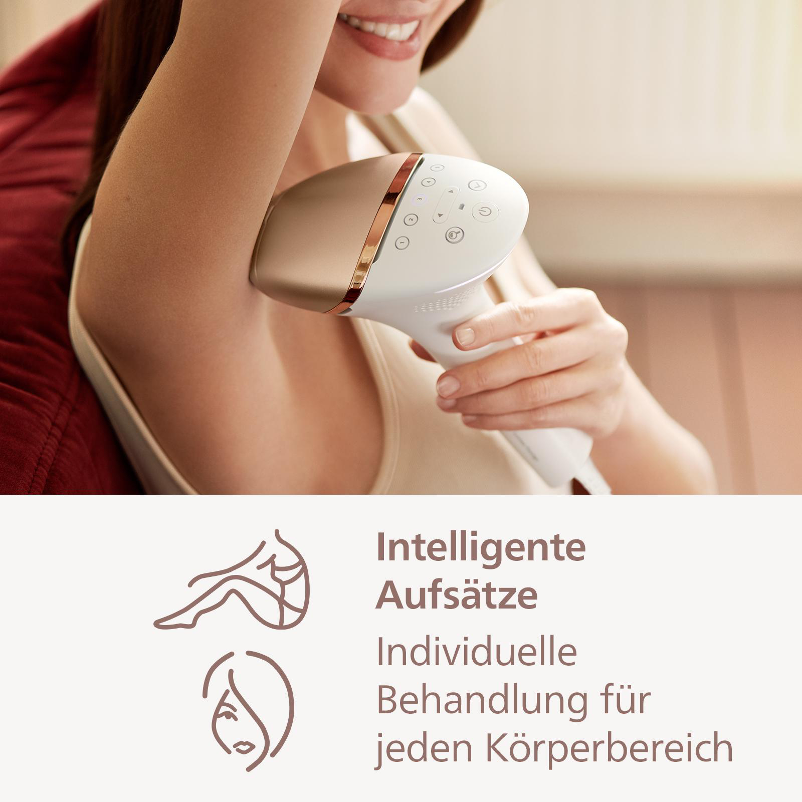 Eine Frau benutzt ein Haarentfernungsgerät. Text: intelligente Aufsätze, individuelle Behandlung.