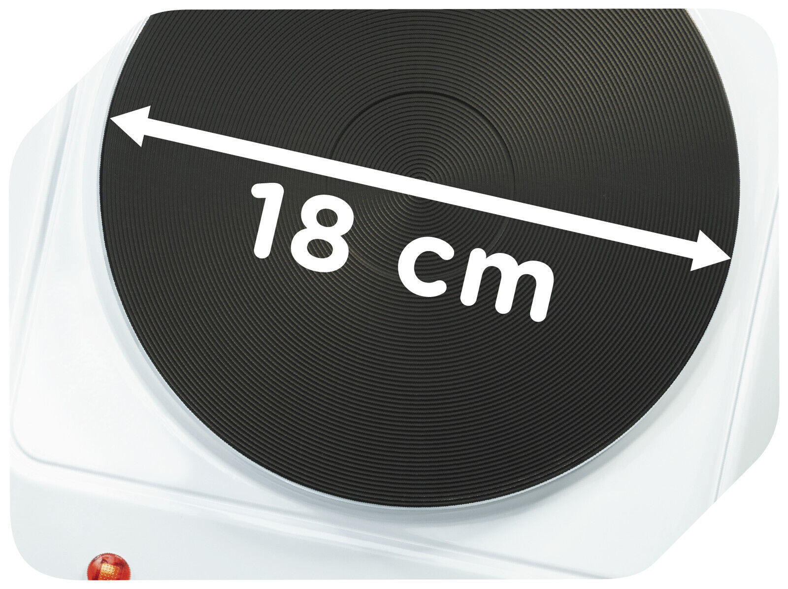 Gros plan d'un brûleur de cuisinière électrique noir. Une flèche blanche indique 18 cm de diamètre.