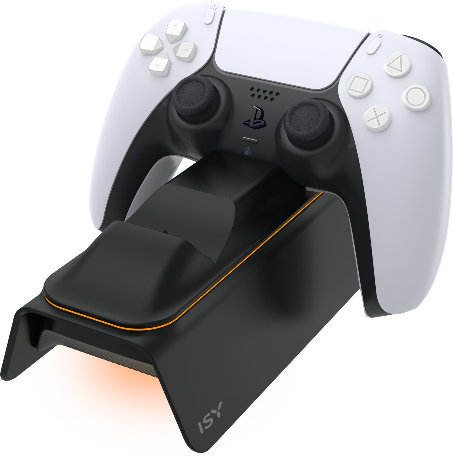 Witte en zwarte Playstation 5-controller op een zwart oplaadstation met oranje licht.