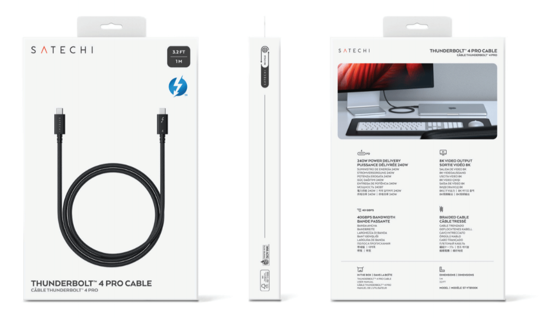 Satechi Thunderbolt 4 Pro kábel csomagolása. Fehér doboz kábelfotóval és specifikációkkal.