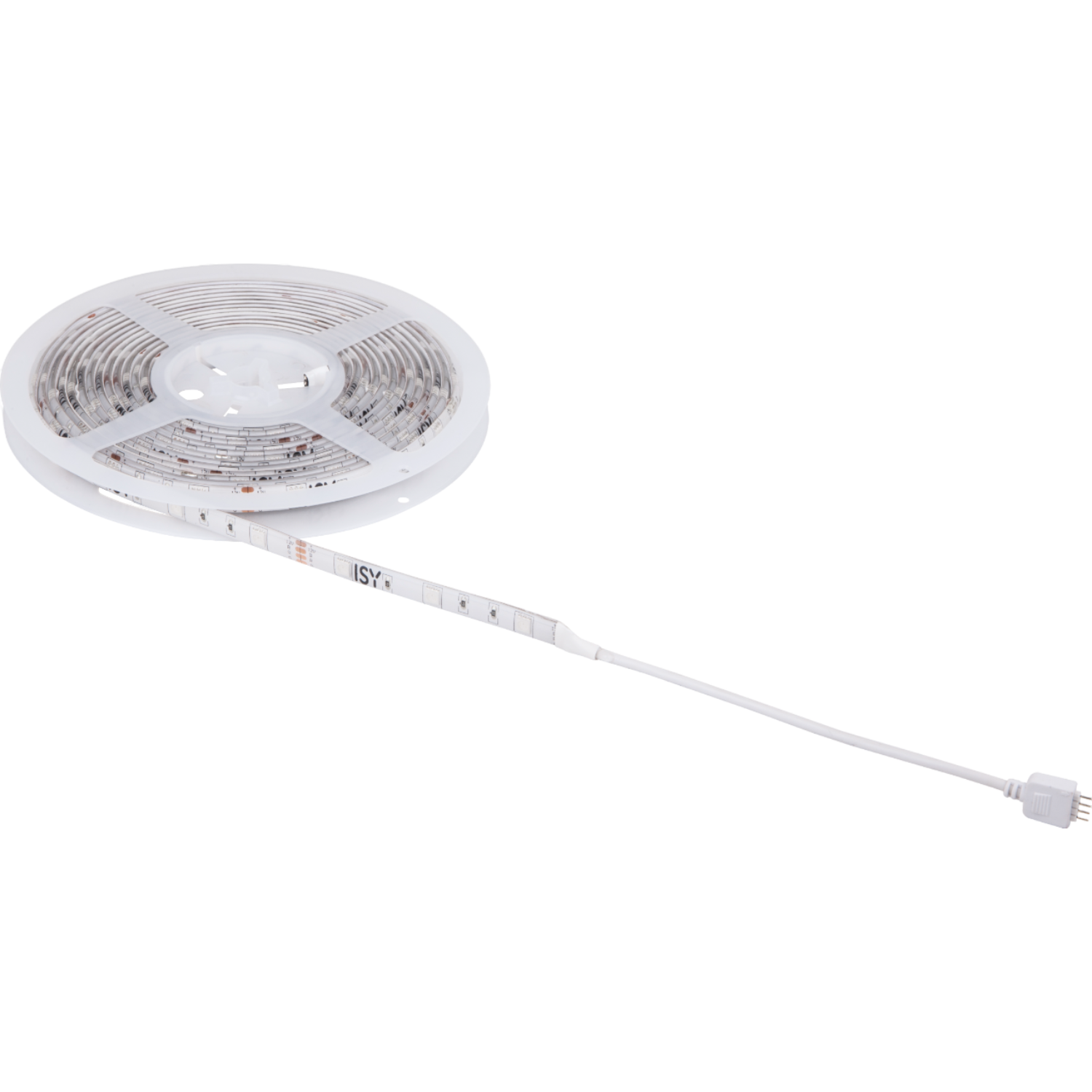 Ledstrip op een rol, met een connector, op een zwarte achtergrond.