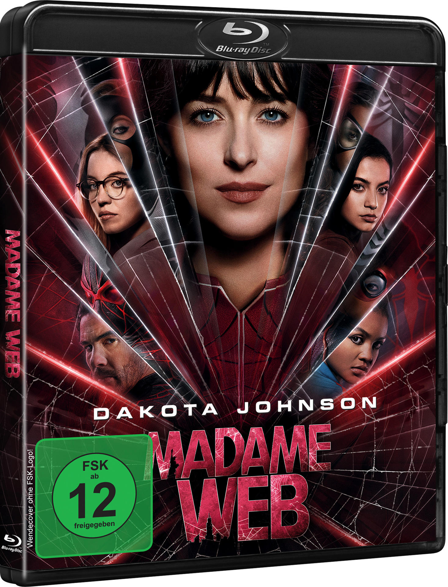 Madame Web Blu-ray-Cover, Gesichter der Filmstars, roter Hintergrund und Filmtitel.