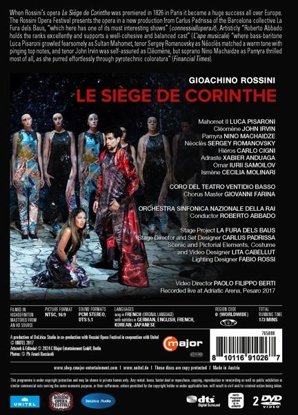 DVD-Cover für die Oper Le Siège de Corinthe. Enthält Fotos der Darsteller, Credits und eine Theaterszene.