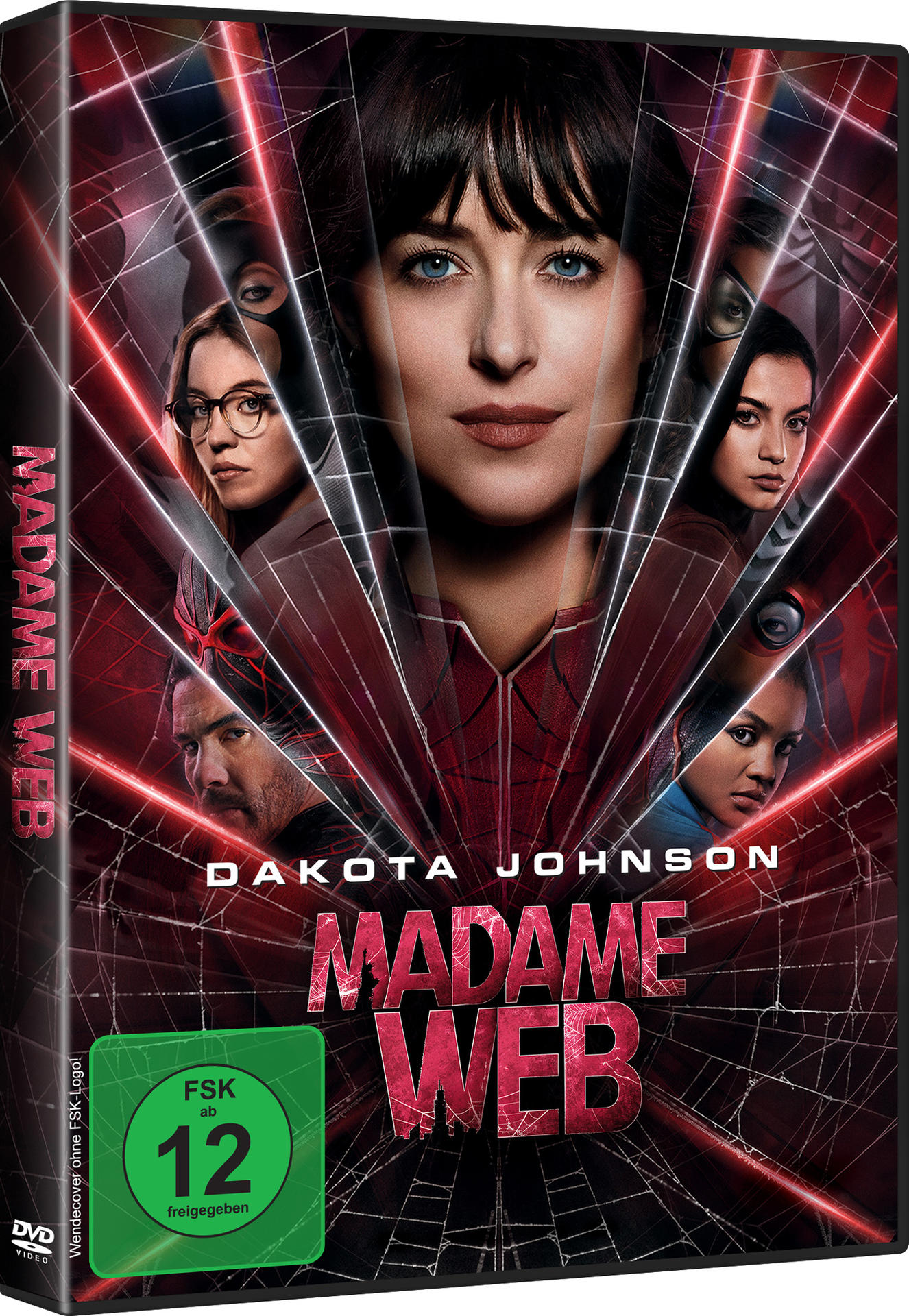 DVD-Cover mit Dakota Johnson, Titel "Madame Web", Gesichtern und rotem Hintergrund.