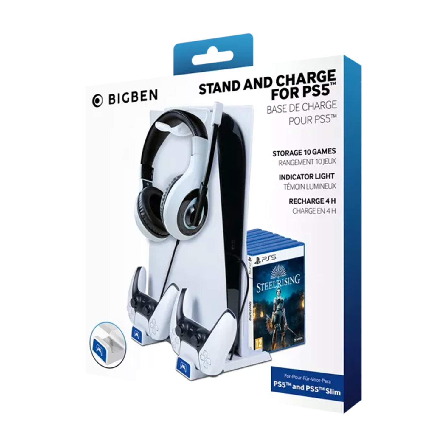 Supporto bianco con cuffie, controller e gioco. Logo Bigben e marchio PS5 visibili.
