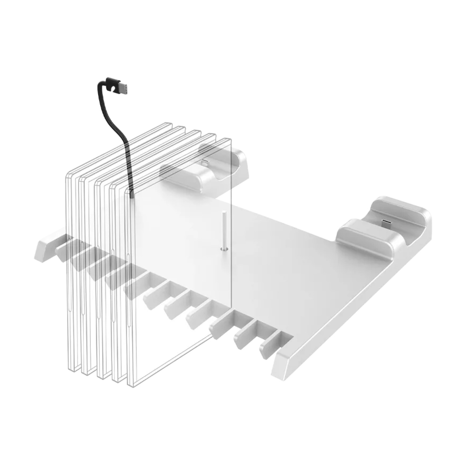 Supporto per console di gioco bianco con cavo collegato. Viene visualizzato su uno sfondo bianco.