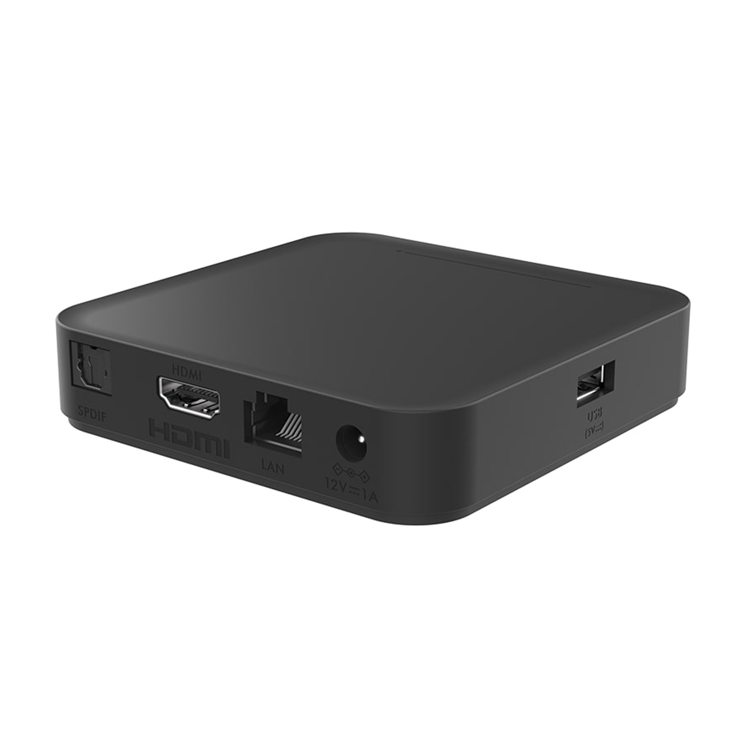 Un dispositivo di streaming multimediale nero con porte, tra cui HDMI e USB, e un ingresso di alimentazione. Sfondo bianco.