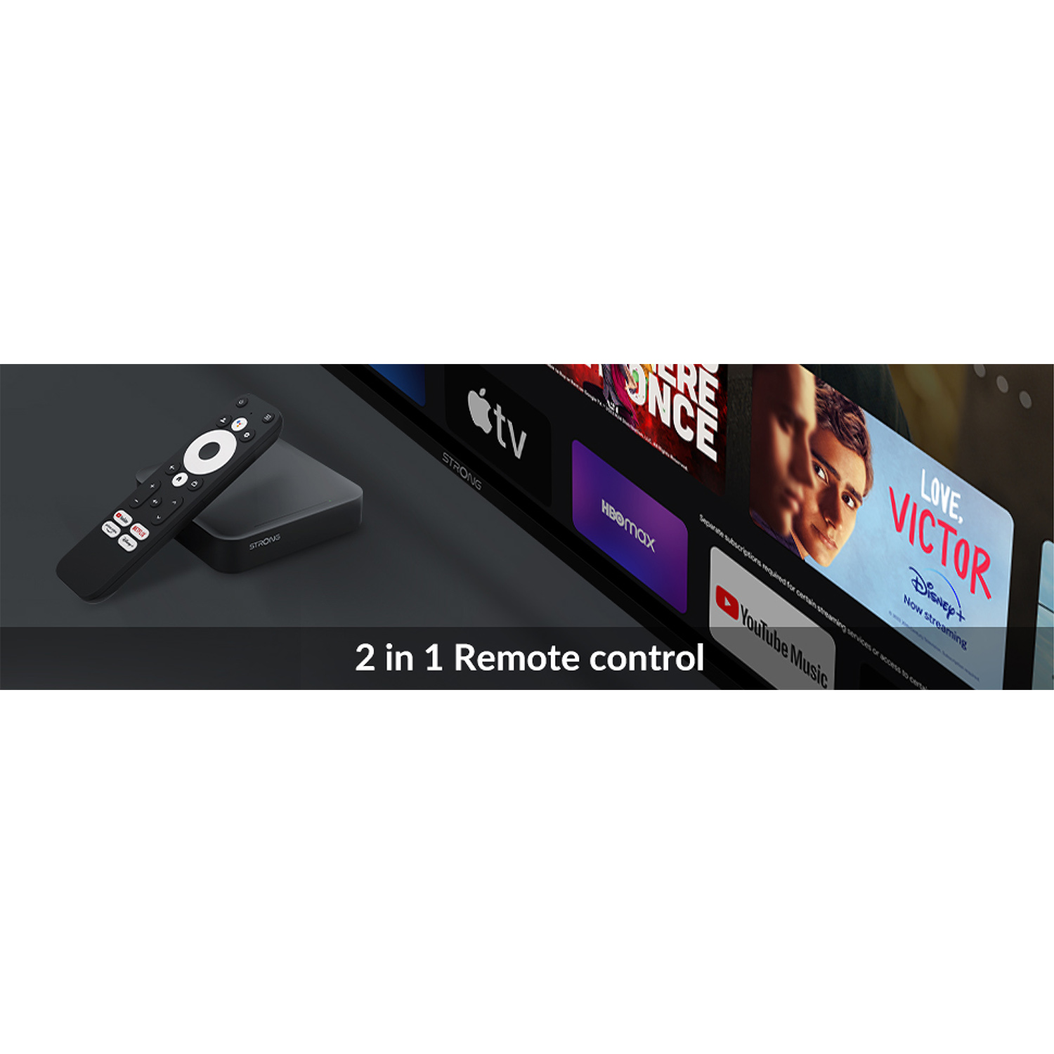 Un dispositivo nero con telecomando e schermo che mostra servizi di streaming come Netflix.